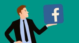 Illustration of man in suit holding Facebook logo