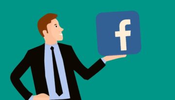 Illustration of man in suit holding Facebook logo