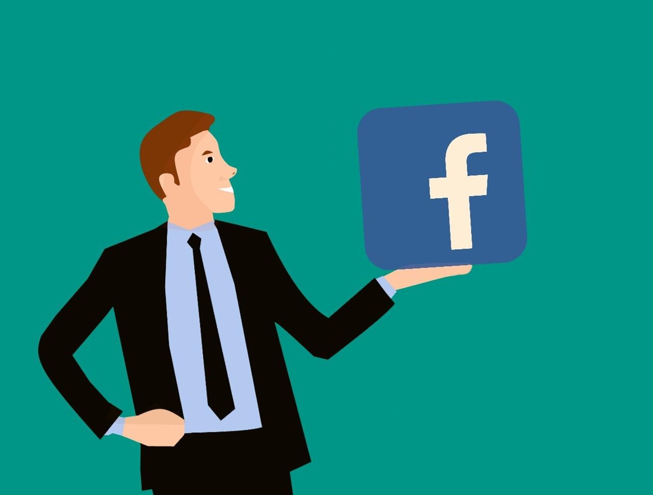 Illustration of man in suit holding Facebook logo